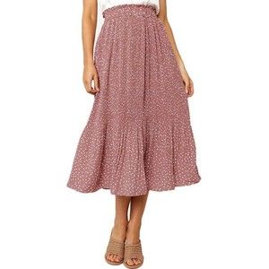 NWT EXLURA Skirt Sz L High Waist Polka Dot Pleated Swing Midi Pockets Peach